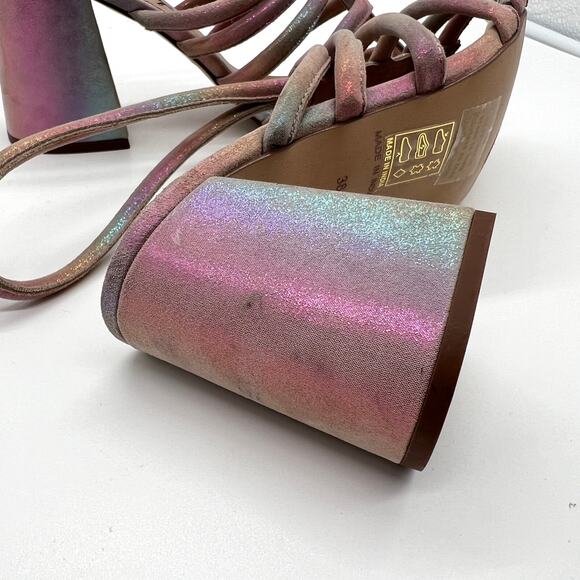 FREE PEOPLE Colette Leather Heels 7.5 Metallic Rainbow Strappy Sandal Cage NEW - Picture 10 of 15